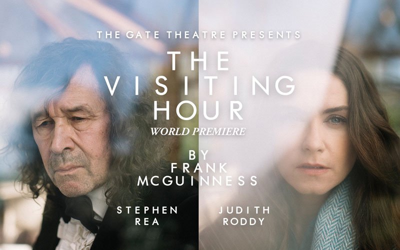 Title graphic for the Gate Theatre's livestream of The Visiting Hour by Frank McGuinness. Pictured on left is Stephen Rea and to his right is Judith Roddy