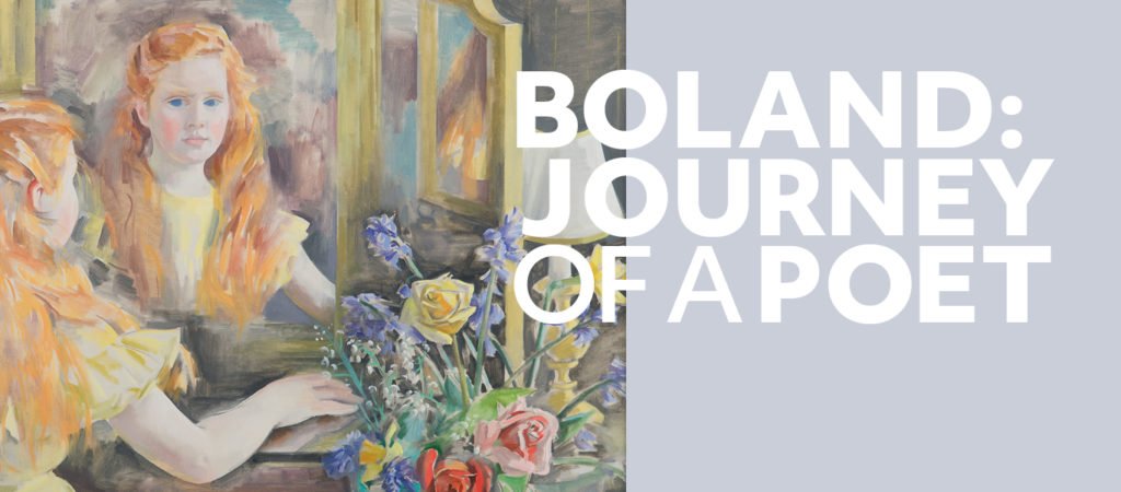 Title graphic for Druid Theatre's Boland: Journey of a Poet. Image features a painting of poet Eavan Boland as a child painted by her mother Frances Kellly.