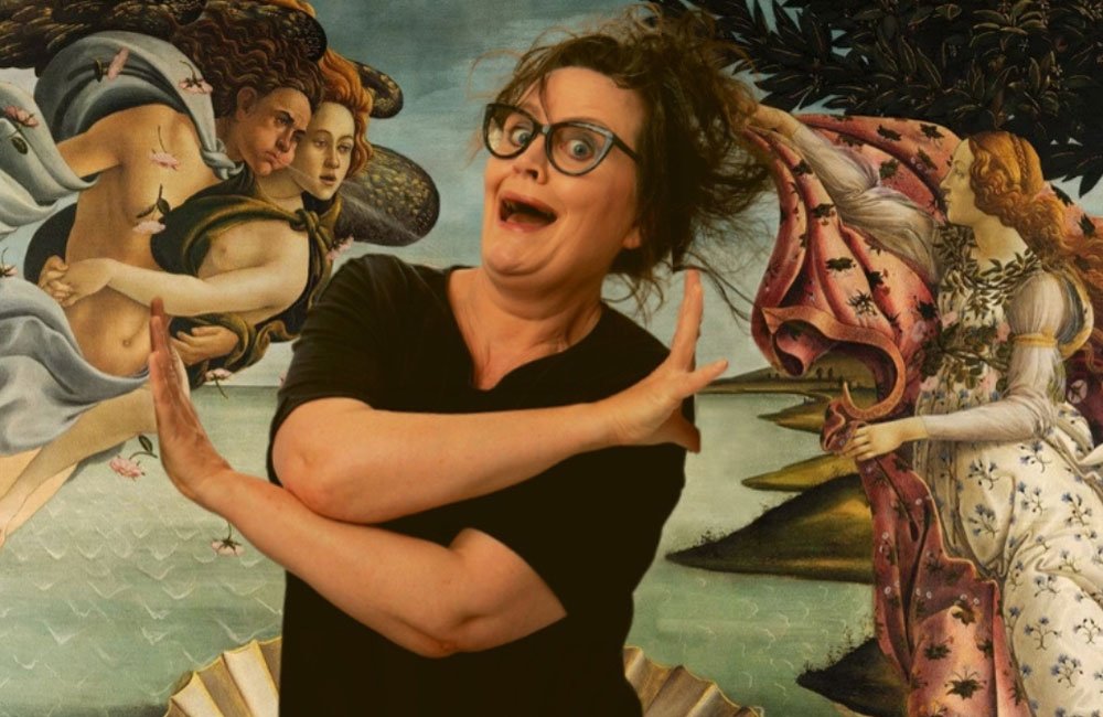 Comedian Anne Gildea strikes a pose against a background featuring Botticelli's The Birth of Venus painting