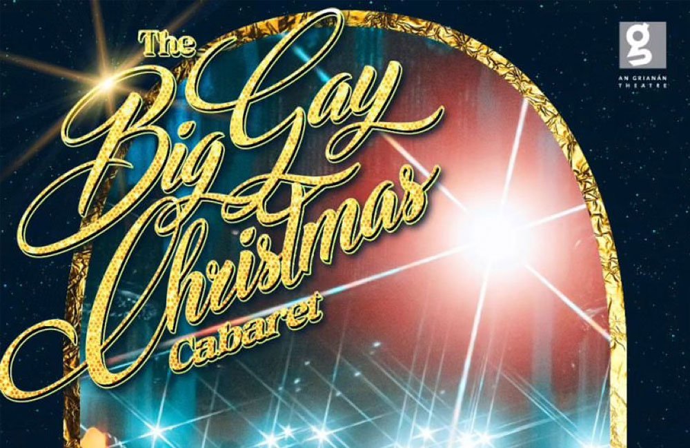 A sparkly graphic of strobing lights with the title The Big Gay Christmas Cabaret in decorative gold text.