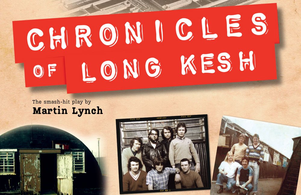Poster graphic featuring a collage of sepia tinted photos on a cream background with the title "The Chronicles of Long Kesh" in large red and white text.
