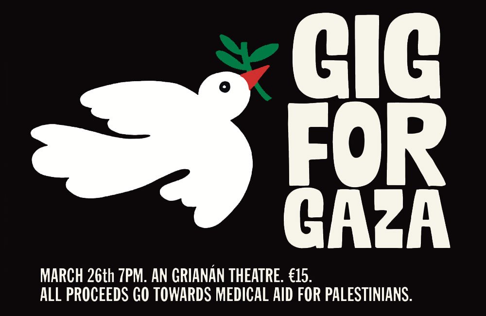Poster featuring a simple graphic of a while dove holding an olive brand along the text Gig for Gaza.