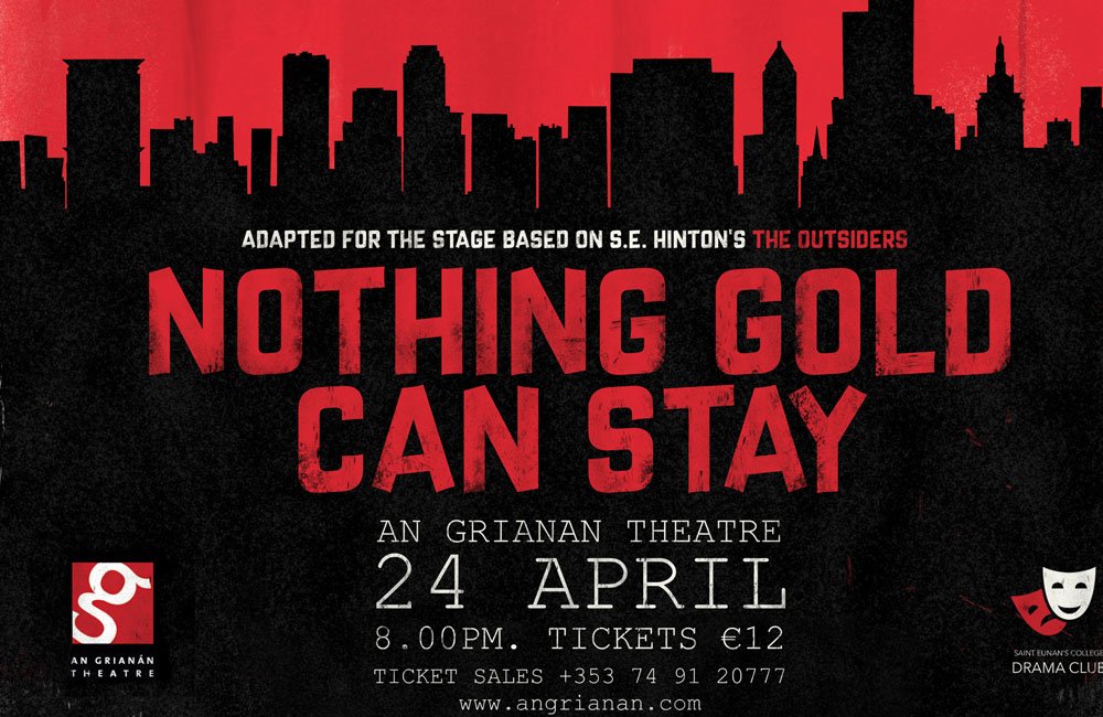 Poster graphic for St Eunan's College's producing of Nothing Gold Can Stay. It depicts a city scape in black and red.