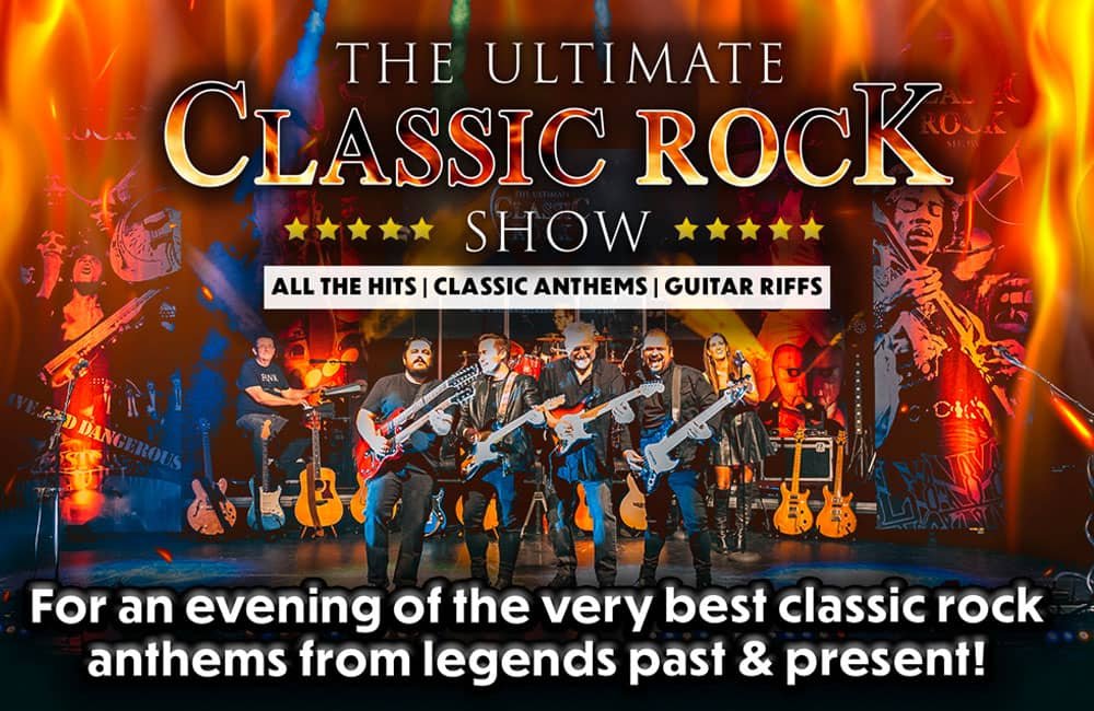 Poster graphic for Ultimate Classic Rock show featuring band members against a background of flames.
