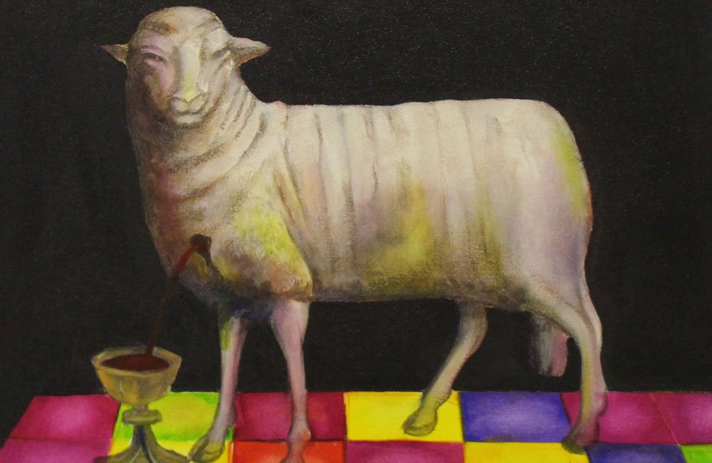 Image is an illustration of a sheep standing on a multicoloured chequerboard. A chalice is sitting on the floor beside it.