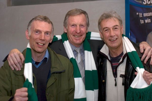 Actors Dave Marsden and Pat Abernethy with 1967 Celtic captain Billy McNeill