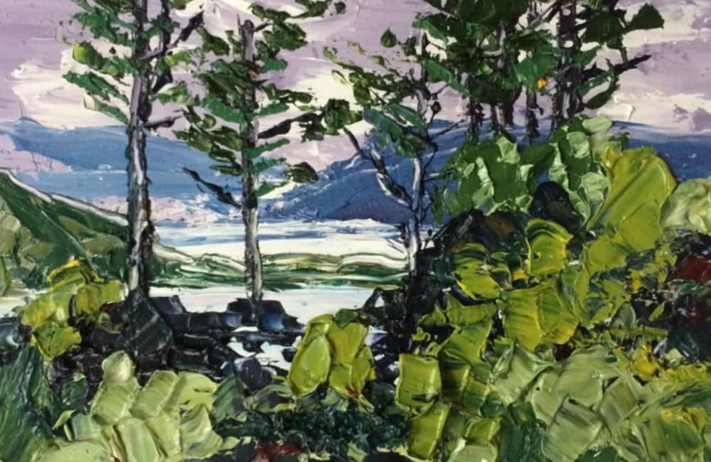 A detail from a landscape painting depicting some trees in front of a lake. Mountains are visible in the background. It is painted in expressionist style using heavy impasto oil paint.