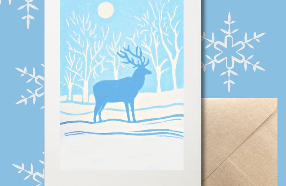 Winter Stag Xmas Card Linocut Studio