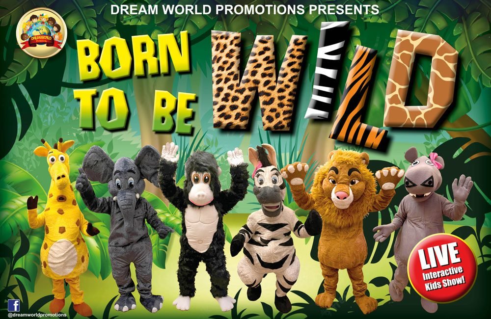 6 people wearing animal costumes against a cartoony jungle background.