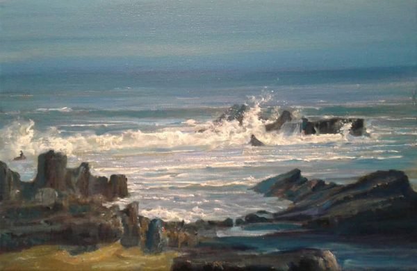Oil painting of a Donegal coastal scene by artist Brian Scampton. Stormy waves crash against rocks.