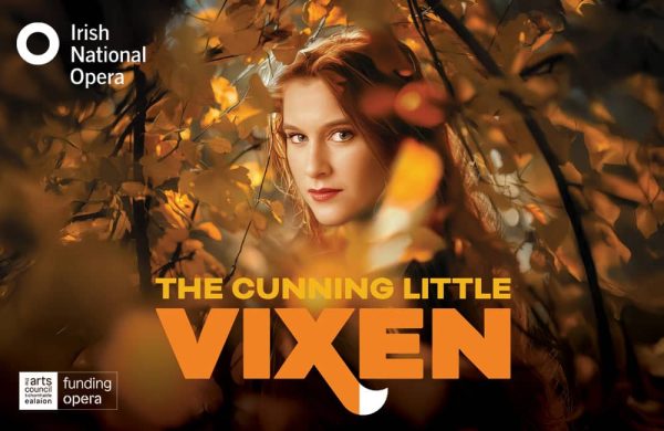 A portrait of a young woman with auburn hair surround by autumn leaves.