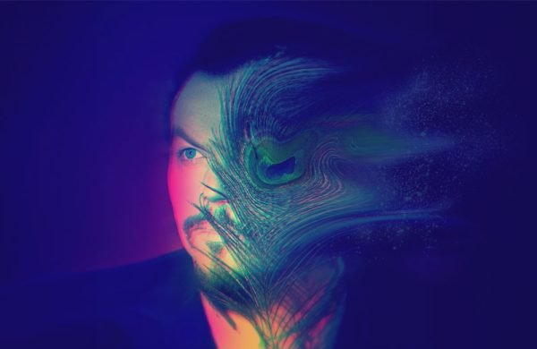 Graphic of a man's face superimposed with a peacock feather.