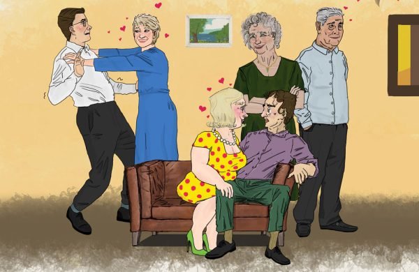 A cartoon graphic of three couples, one an elderly man and woman, the other are two middle aged men both fending off middle aged women.