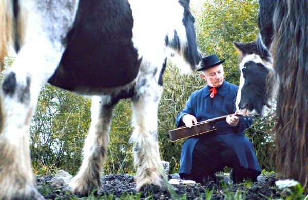 A man plays a musical instrument in a muddy field while two shaggy black and white ponies watch him.