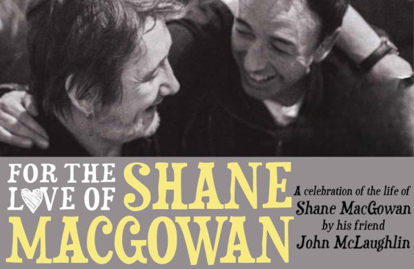 Image is a black and white photo of musicians Shane McGowan and John McLaughlin.