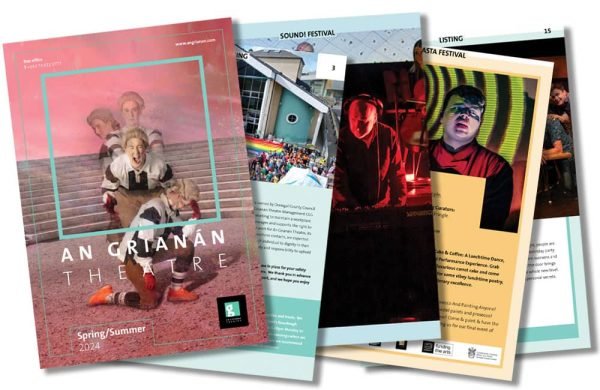 Montage of pages from An Grianán Theatre's summer 2024 brochure and events guide.