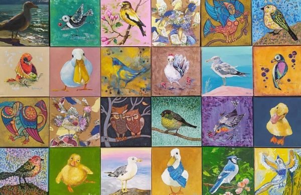 Paintings from the Birds Flying High exhibition of Ukrainian art, opening at An Grianán on Sat 10 Dec 2022.