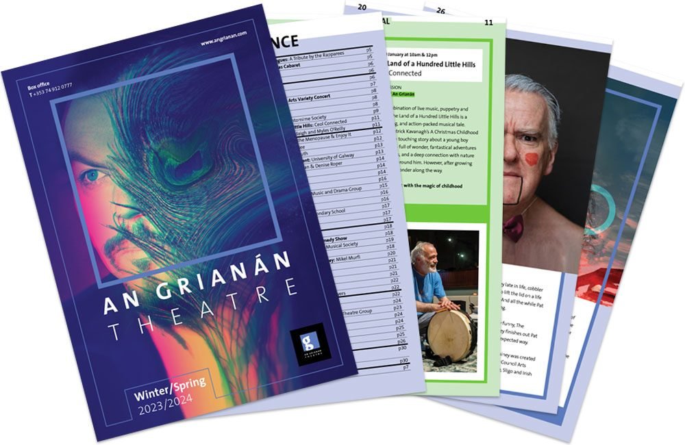 A selection of pages from An Grianán Theatre's events brochure for winter/spring 2024.